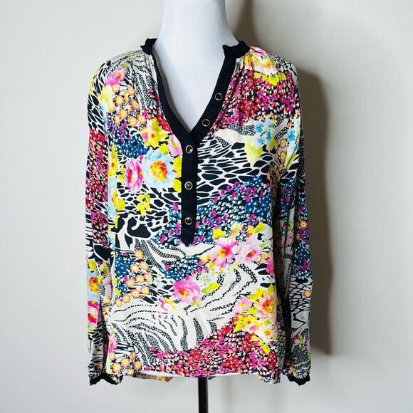 Yumi Kim Pink and Black Floral Silk Blouse - Picture 1 of 5